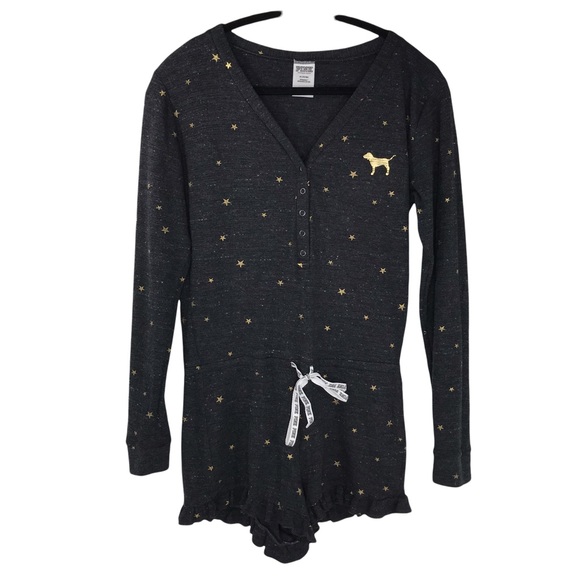 Medium Victoria's Secret Pink Gold Star Long Sleeve Shorts Romper Pajama… - Picture 1 of 13